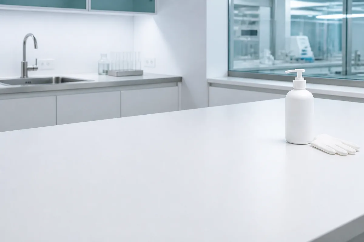 Plan de travail clair avec gants à usage unique, flacon de solution hydroalcoolique et masques de protection alignés